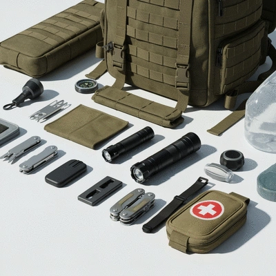 Urban survival gear and equipment laid out on a clean surface