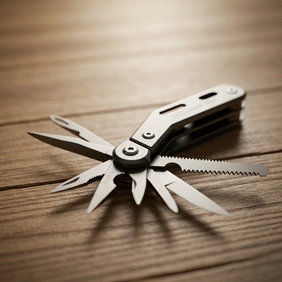 EDC multi-tool on a wooden surface, showcasing versatility with various tools extended, no text, no words