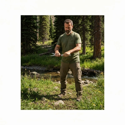 Person using an EDC multi-tool outdoors, multitasking in nature, no text, no words