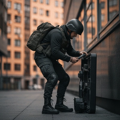 Urban survival gear in use during emergency scenario